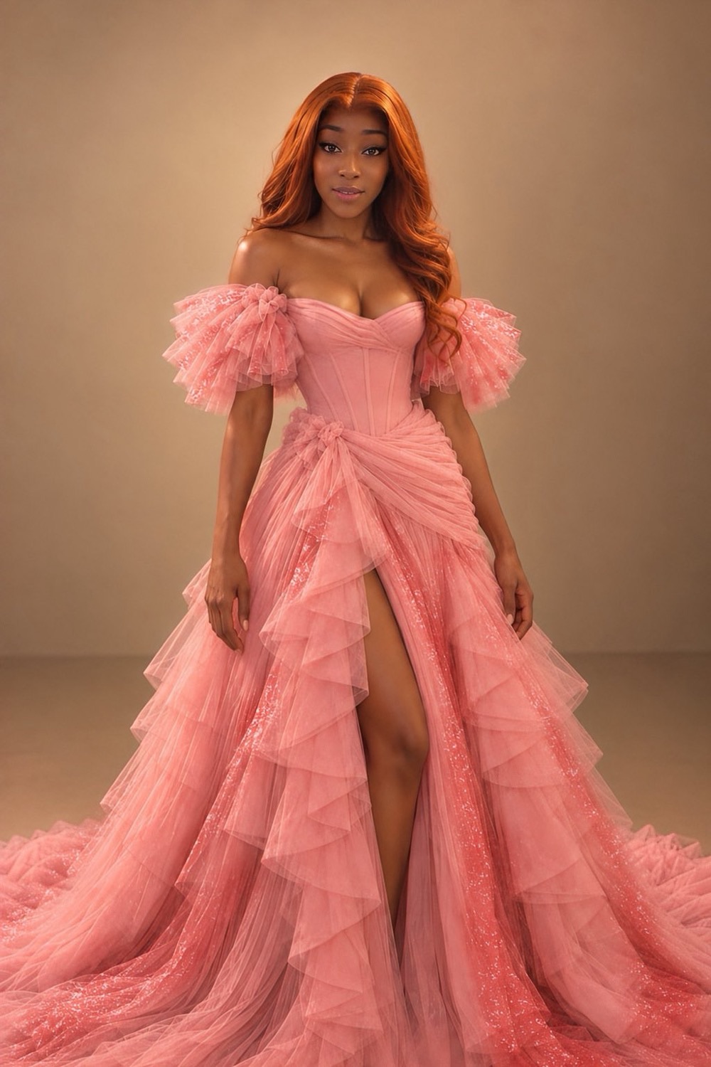 Serah Ibrahim in a blush-pink tiered tulle off-shoulder gown